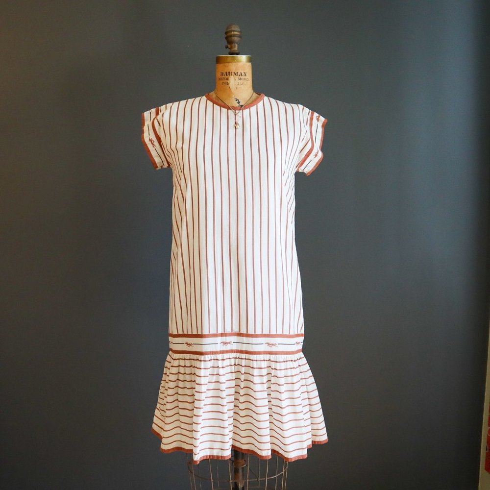 80's Creamy Silk Striped Ruffle Hem Frock by Princess Florence